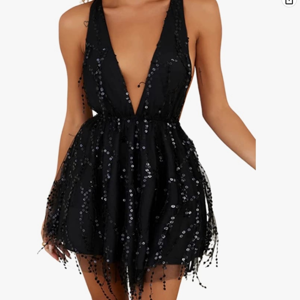 Black Sequin Plunge Mini Dress